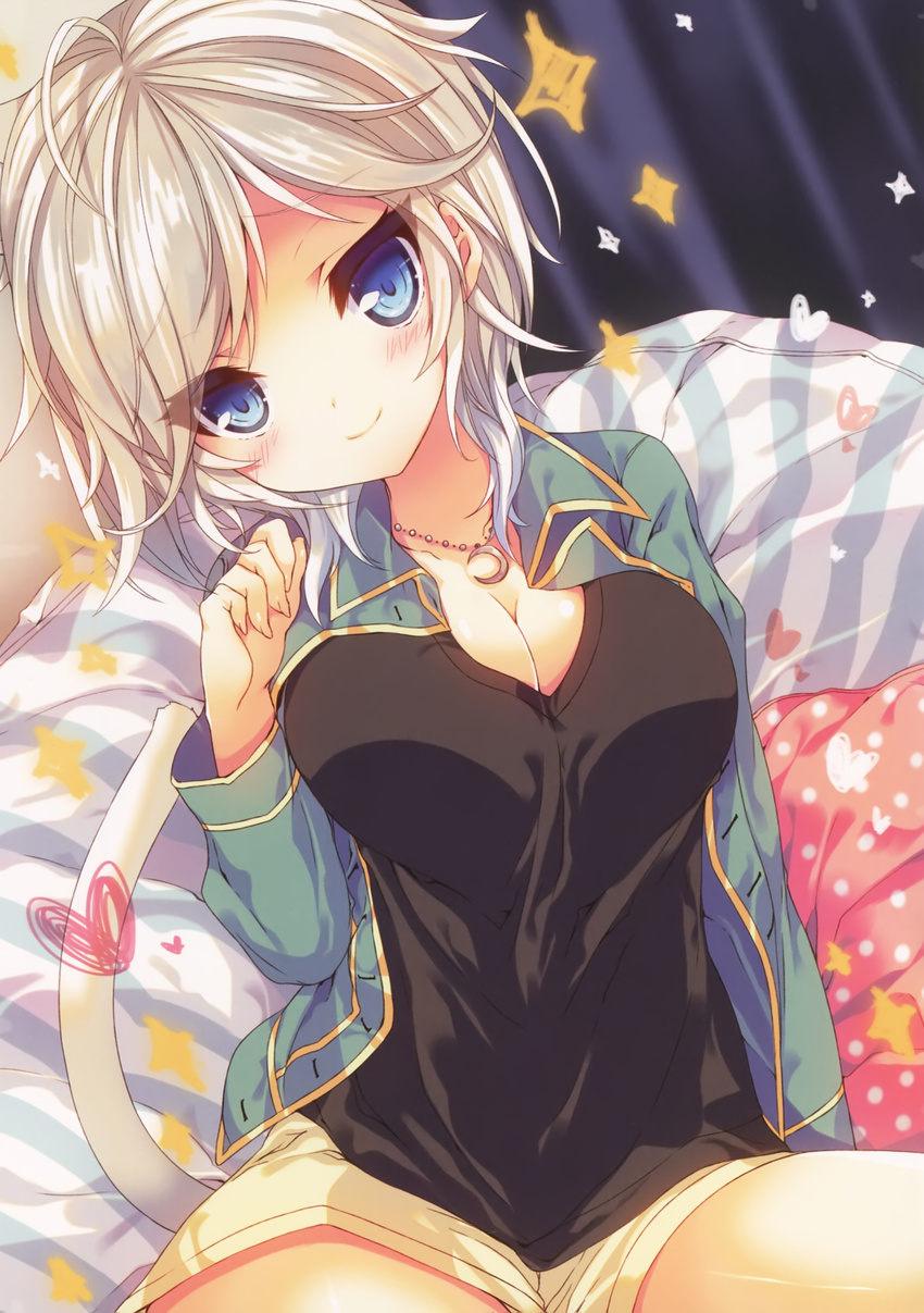 absurdres anastasia_(idolmaster) black_shirt blue_eyes blush breasts cat_tail cleavage collarbone collared_shirt crescent curtains dutch_angle head_tilt heart highres idolmaster idolmaster_cinderella_girls jewelry large_breasts necklace open_clothes open_shirt p19 shirt shorts silver_hair sitting smile solo sparkle tail wing_collar yellow_shorts