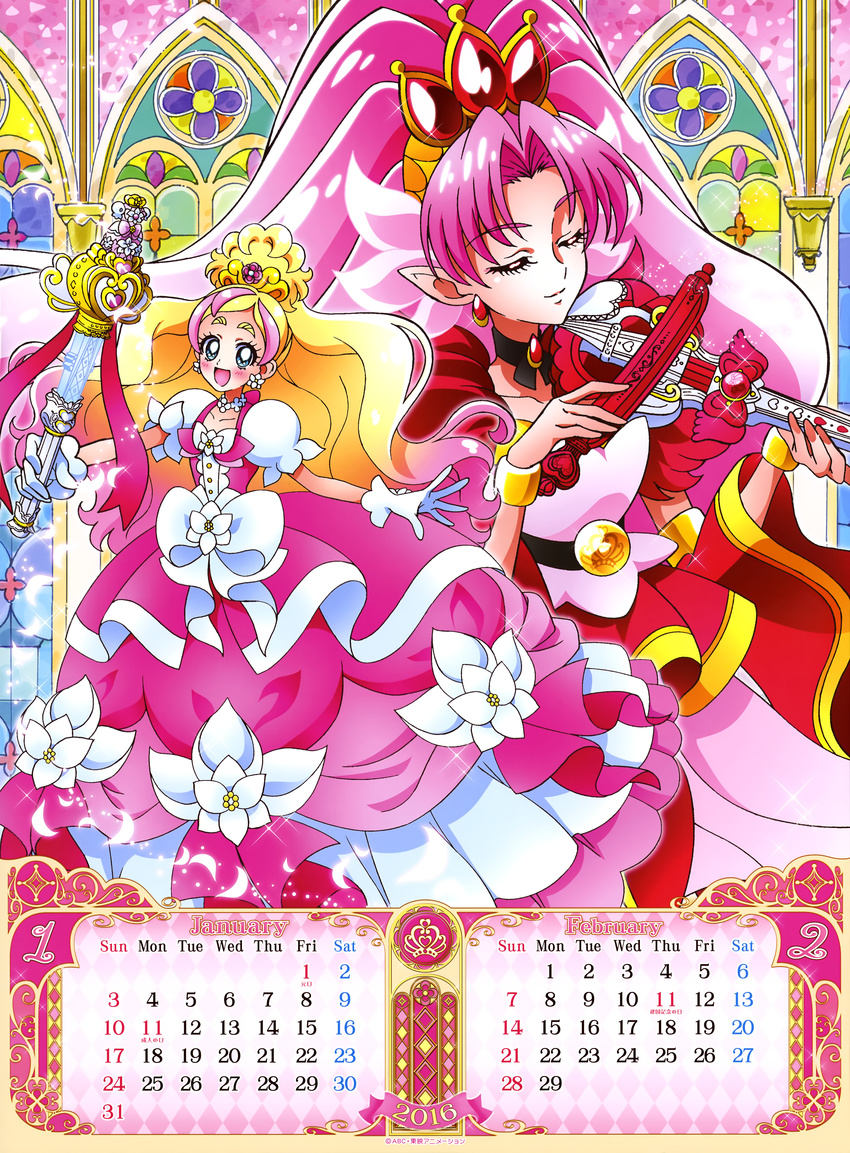 2girls :d absurdres akagi_towa artist_request bangs belt black_choker blonde_hair bow bracelet calendar_(medium) choker closed_eyes cure_flora cure_scarlet detached_sleeves dress earrings february flower flower_earrings flower_necklace gloves go!_princess_precure green_eyes haruno_haruka highres instrument january jewelry long_hair looking_at_viewer magical_girl mode_elegant_(go!_princess_precure) multicolored_hair multiple_girls necklace official_art open_mouth parted_bangs pink_dress pink_hair pointy_ears precure red_sleeves shiny shiny_hair smile streaked_hair thick_eyebrows two-tone_hair violin wand white_bow white_gloves