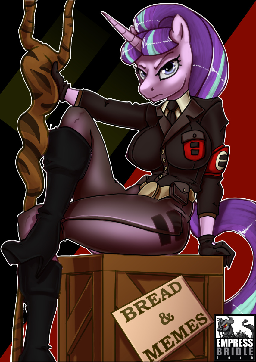 2019 absurd_res breasts clothed clothing crate empressbridle english_text equine female footwear friendship_is_magic gloves hair hi_res horn mammal my_little_pony nipple_bulge sitting solo staff starlight_glimmer_(mlp) text tight_clothing unicorn