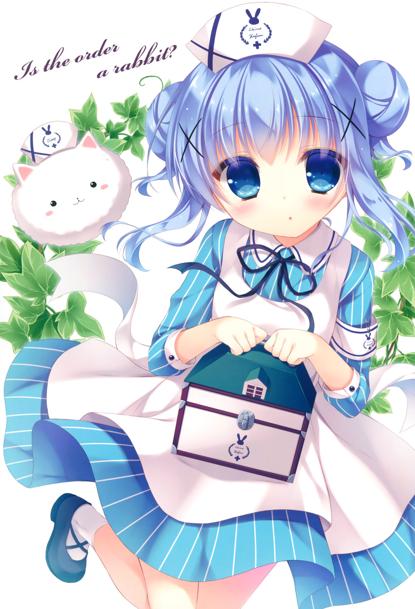 absurdres armband blue_eyes blue_hair blush bunny copyright_name double_bun dress gochuumon_wa_usagi_desu_ka? hair_ornament hat highres kafuu_chino leaf long_hair looking_at_viewer non-web_source solo striped tippy_(gochiusa) vertical-striped_dress vertical_stripes x_hair_ornament yukie_(peach_candy)