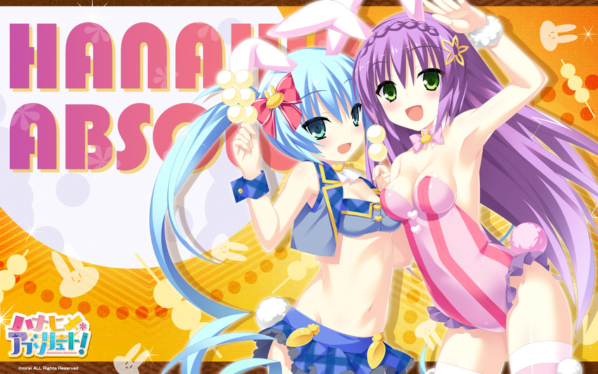 aliasing animal_ears bikini_top bunny_ears bunny_girl cleavage hanahime_absolute! kamiya_eve kannagi_rei mirai_(company) no_bra nopan polina_mirovna_von_schwarzerhase thighhighs wallpaper