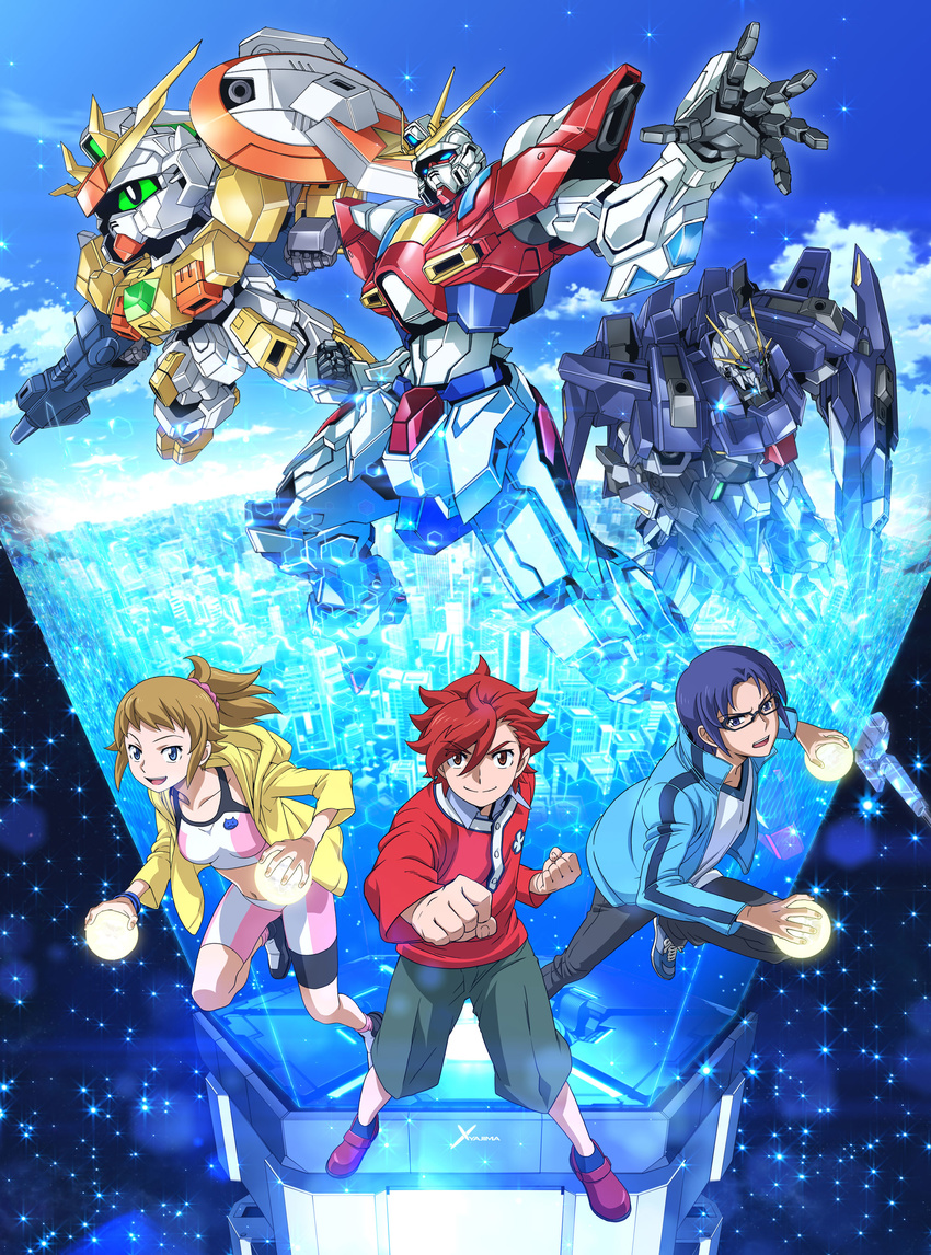 arisawa_hiroshi bike_shorts gundam gundam_build_fighters gundam_build_fighters_try hoshino_fumina kamiki_sekai kousaka_yuuma mecha megane oonuki_kenichi sweater