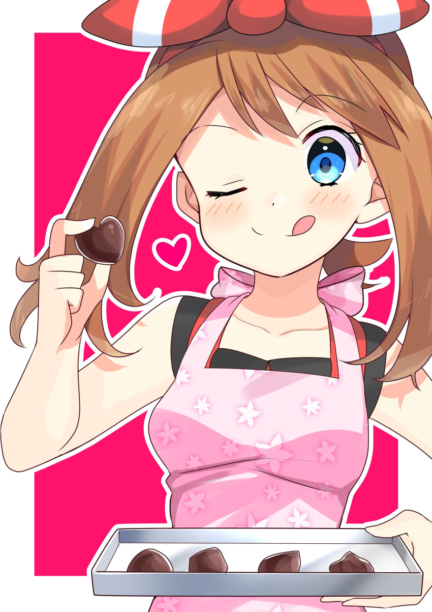 1girl ;) absurdres apron blue_eyes blush brown_hair chocolate chocolate_heart collarbone creatures_(company) eyebrows_visible_through_hair floral_print food game_freak haruka_(pokemon) heart heart-shaped_food highres holding holding_food long_hair looking_at_viewer nintendo one_eye_closed pink_apron pokemon pokemon_(game) pokemon_oras print_apron sleeveless smile solo upper_body yuihiko