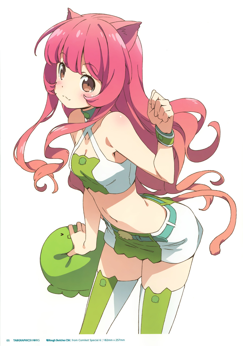 absurdres animal_ears belt breasts brown_eyes cat_ears cat_tail cleavage collarbone crop_top eyebrows_visible_through_hair highres holding kanzaki_hiro leaning_forward long_hair midriff miniskirt navel original red_hair shiny shiny_skin simple_background skirt small_breasts solo stomach striped striped_legwear tail thighhighs very_long_hair white_background wrist_cuffs