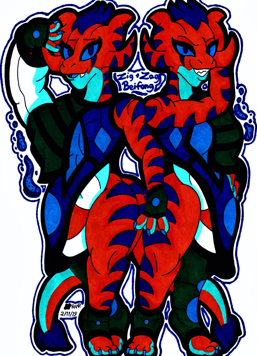 2019 3_toes 4_fingers absurd_res anthro blue_eyes blue_hair breasts cape chinese chinese_clothing claws clothing curvaceous fangs feet female fingerless_gloves gloves hair hi_res horn kobold kung_fu leggings legwear lizard monster_girl_(genre) orange_scales pyromancer pyromancy reptile scales scalie short_stack sibling sisters smile smirk smug stripes thegrumpiestpanda_(artist) thick_thighs thigh_highs toes traditional_media_(artwork) twins unitard voluptuous wide_hips zag_beifong_(character) zig_beifong_(character)