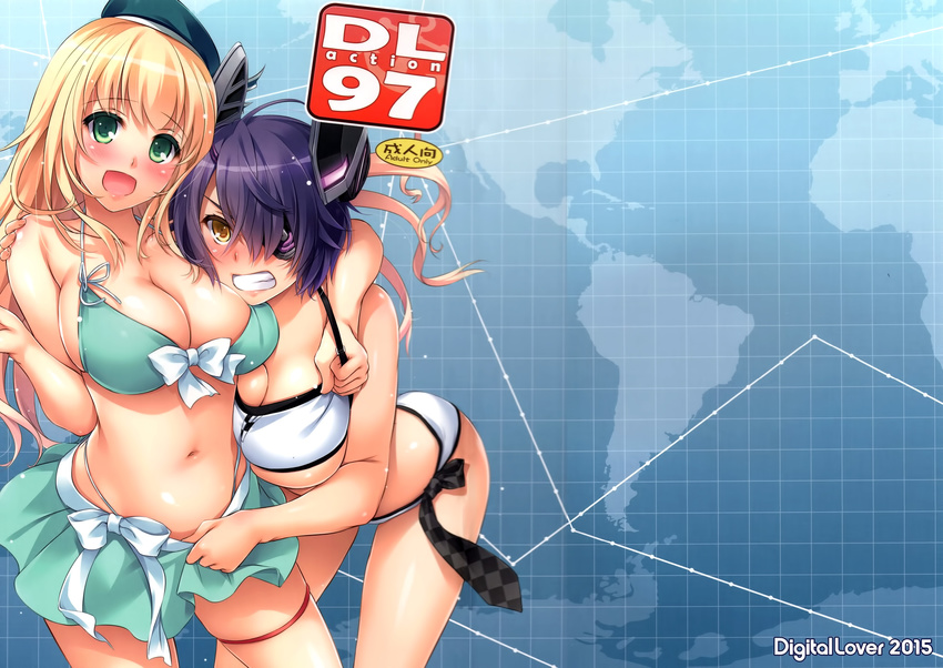 :d atago_(kantai_collection) blonde_hair blush breasts checkered checkered_neckwear cleavage clenched_teeth collarbone eyebrows_visible_through_hair eyepatch green_eyes green_hat hat highres kantai_collection large_breasts long_hair looking_at_viewer multiple_girls nakajima_yuka navel necktie necktie_removed open_mouth parted_lips purple_hair scan short_hair smile teeth tenryuu_(kantai_collection) underboob yellow_eyes