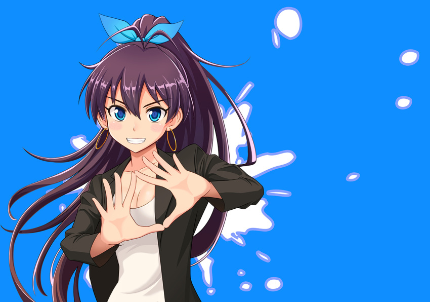 1girl antenna_hair black_hair black_jacket blue_background blue_bow blue_eyes blush bow breasts cleavage clenched_teeth collarbone earrings eyebrows_visible_through_hair female floating_hair ganaha_hibiki grin hair_between_eyes hair_bow hands_up high_ponytail highres hoop_earrings idolmaster idolmaster_(classic) jacket jewelry long_hair long_sleeves looking_at_viewer medium_breasts neck open_clothes open_jacket shiny shiny_hair shirt simple_background smile solo standing teeth upper_body v-shaped_eyebrows very_long_hair white_shirt yoga_doujou_(misawajima)