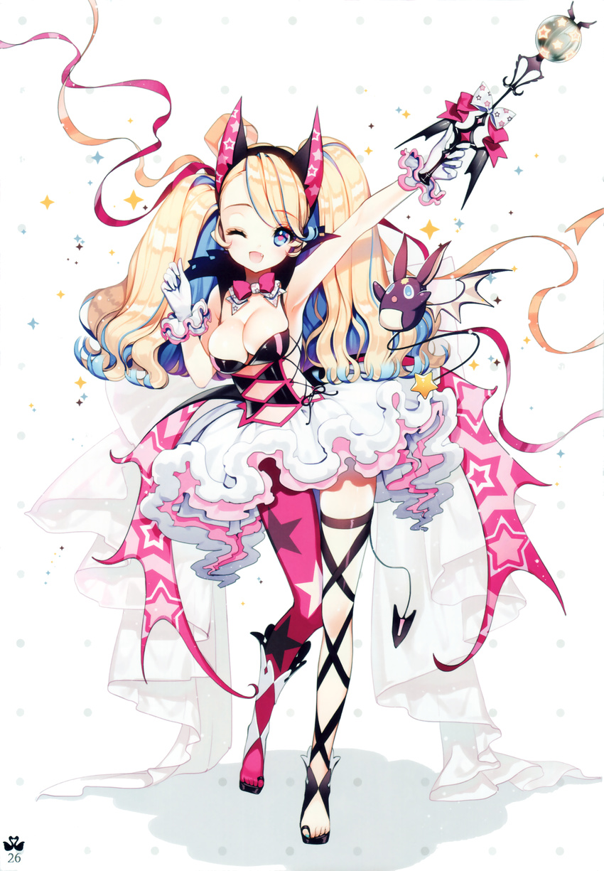 ;d absurdres animal_ears ankle_lace-up arm_up armpits asymmetrical_clothes asymmetrical_footwear asymmetrical_legwear blonde_hair blue_eyes blue_hair bow bowtie breasts cherrypin cleavage cross-laced_clothes cross-laced_footwear demon_tail eyebrows_visible_through_hair fake_animal_ears familiar fang frilled_gloves frills full_body gloves hair_ribbon highres holding holding_wand layered_skirt long_hair looking_at_viewer magical_girl medium_breasts mismatched_footwear multicolored_hair one_eye_closed open_mouth page_number pink_legwear pink_pupils print_legwear ribbon sandals scan single_pantsleg sleeveless smile solo sparkle standing standing_on_one_leg star star_print tail thighhighs twintails two-tone_hair wand white_background white_gloves