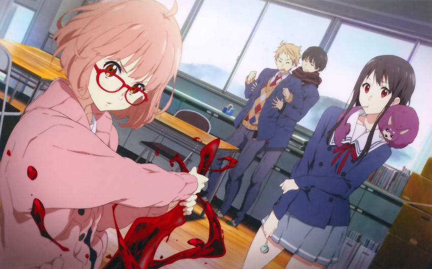 blood kanbara_akihito kuriyama_mirai kyoukai_no_kanata megane nase_hiroomi nase_mitsuki overfiltered seifuku sweater sword urata_yoshinori