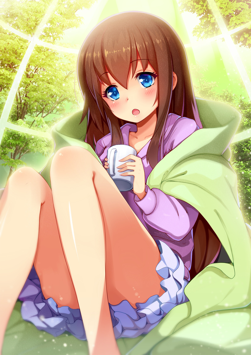 blue_eyes brown_hair collarbone cup eyebrows_visible_through_hair frilled_skirt frills highres holding holding_cup long_hair nerv110 original shiny shiny_skin sitting skirt solo