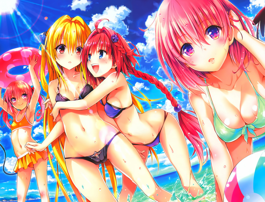 bikini cameltoe cleavage color_issue golden_darkness kurosaki_mea momo_velia_deviluke motto_to_love_ru nana_asta_deviluke swimsuits tail to_love_ru to_love_ru_darkness underboob wet yabuki_kentarou