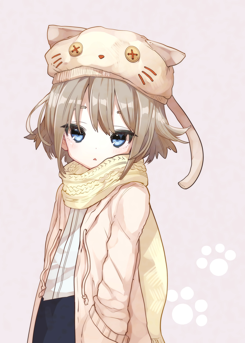 778-go absurdres animal_hat bad_id bad_pixiv_id bangs beret blue_eyes blush brown_hair button_eyes cat_hat copyright_request drawstring eyelashes flat_chest grey_background hand_in_pocket hat highres hood hood_down hooded_jacket jacket long_sleeves looking_at_viewer open_clothes open_jacket paw_print scarf shirt simple_background solo triangle_mouth upper_body white_shirt yellow_scarf