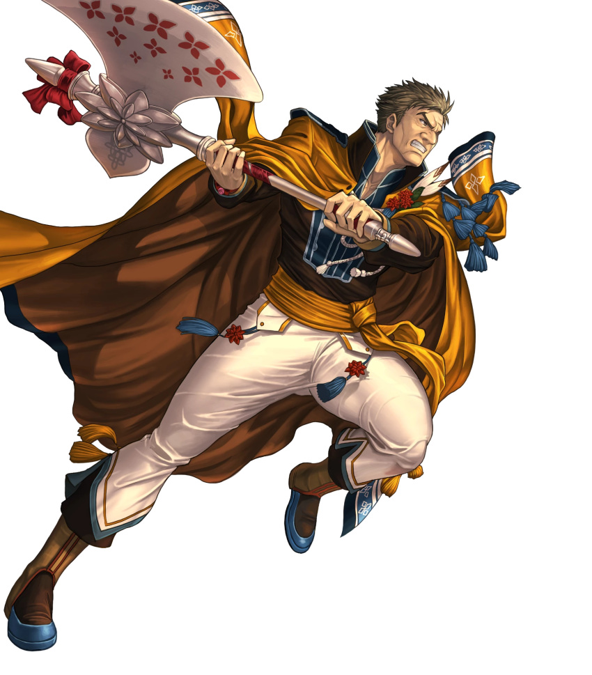 1boy alternate_costume axe boots bow brown_eyes brown_hair cape feathers fire_emblem fire_emblem:_akatsuki_no_megami fire_emblem:_souen_no_kiseki fire_emblem_heroes flower full_body greil highres izuka_daisuke male_focus nintendo scar solo teeth transparent_background