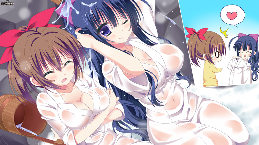2girls black_hair blue_eyes breasts brown_hair cleavage closed_eyes copyright_name covered_navel covered_nipples crossed_arms eyebrows eyebrows_visible_through_hair hair_between_eyes heart highres japanese_clothes kimono large_breasts long_hair looking_at_viewer multiple_girls one_eye_closed open_mouth psychic_hearts purple_ribbon red_ribbon ribbon see-through shiroshouzoku smile spoken_heart wet yuyumatsu