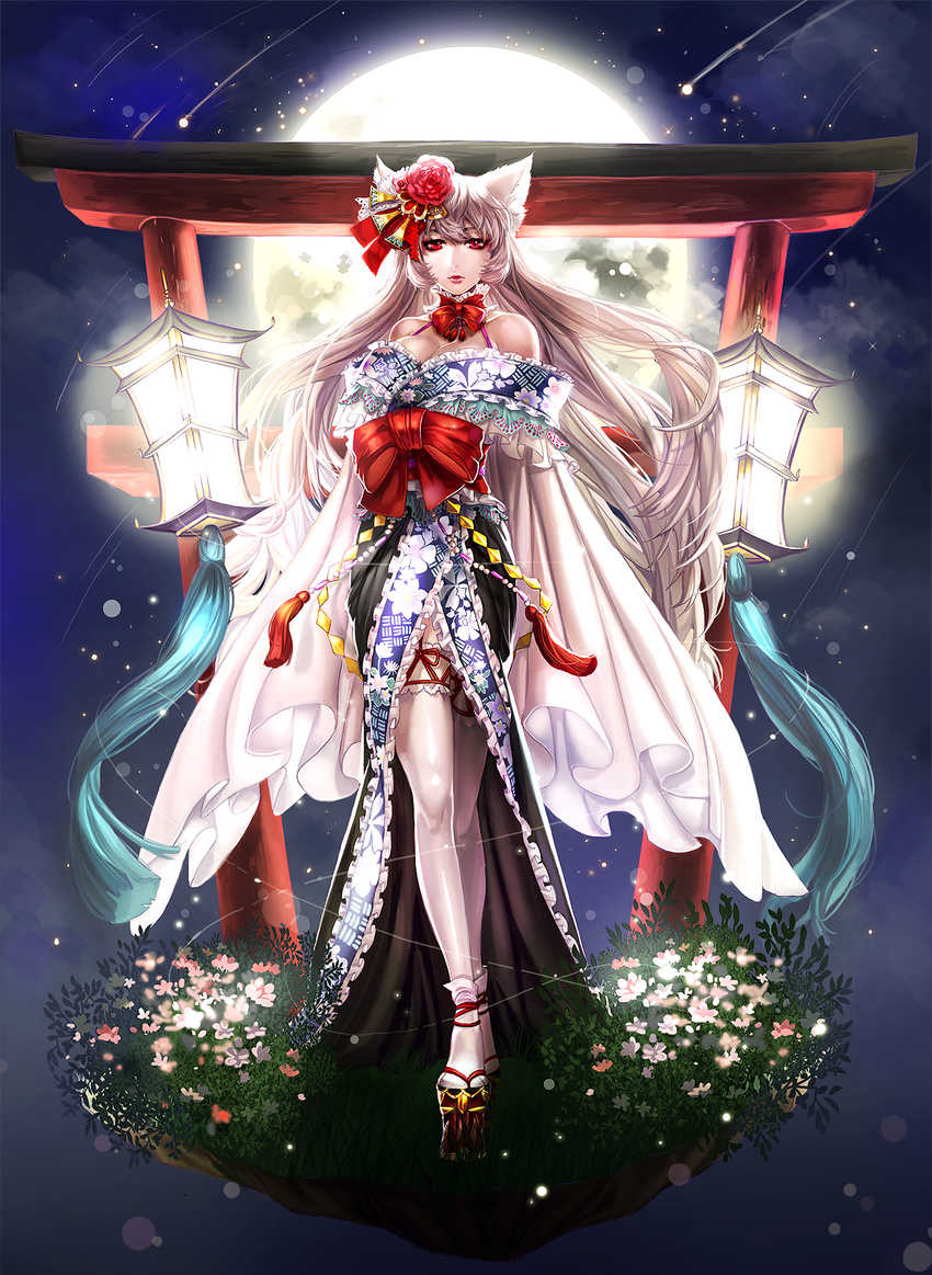 animal_ears bangs basketweave bow box_(hotpppink) bra_strap breasts cleavage detached_collar eyeliner faux_figurine flower fox_ears frills full_body full_moon geta grey_hair hair_flower hair_ornament highres japanese_clothes lace_trim lantern large_breasts lipstick long_hair looking_at_viewer makeup mascara moon night off_shoulder original red_eyes red_lipstick sash shooting_star sky socks_over_thighhighs solo standing star_(sky) tassel thighhighs torii very_long_hair white_legwear