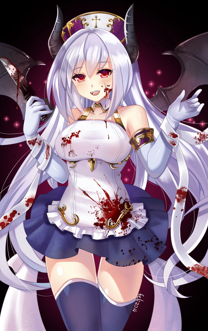 2014 bad_id bad_pixiv_id blood blood_on_face bloody_clothes bloody_knife blue_gloves blue_legwear blue_skirt collarbone demon_horns demon_wings elbow_gloves felicia-val gloves highres holding holding_knife horns knife long_hair looking_at_viewer open_mouth original pleated_skirt red_eyes silver_hair skirt solo thighhighs wings