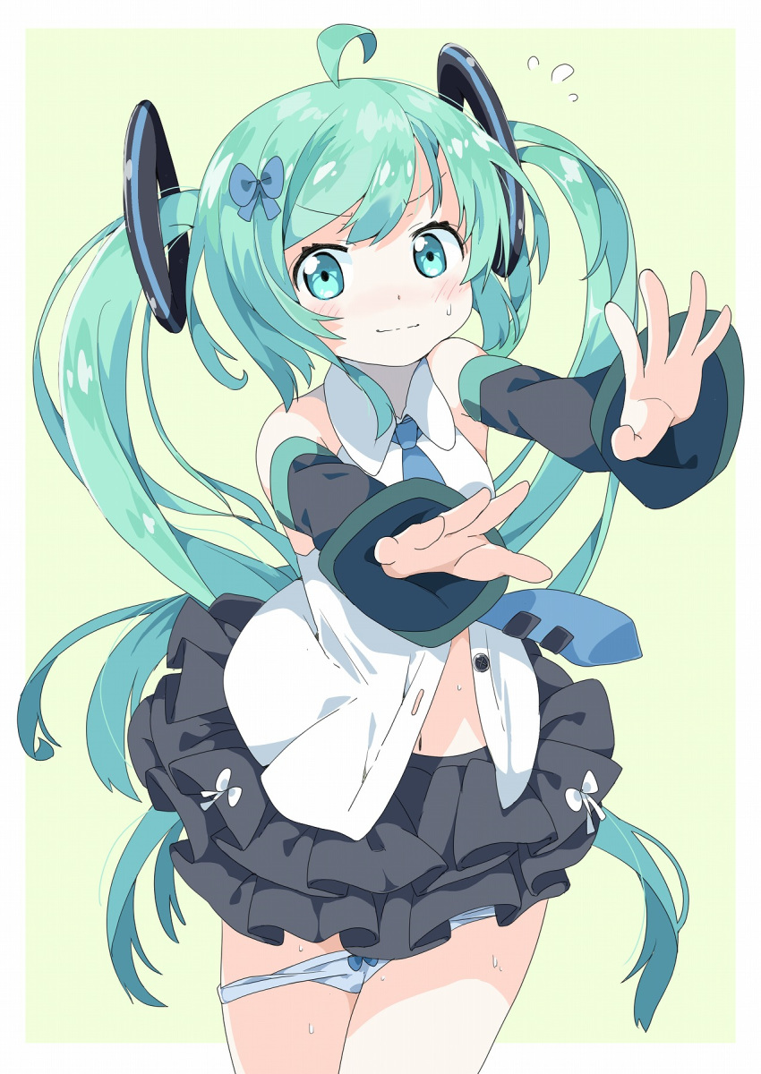 1girl bangs black_skirt black_sleeves blue_bow blue_neckwear blue_panties blush bow bow_panties closed_mouth collared_shirt commentary_request detached_sleeves dress_shirt eyebrows_visible_through_hair green_background green_eyes green_hair hair_bow hair_ornament hatsune_miku highres layered_skirt long_hair looking_at_viewer navel necktie nose_blush panties panty_pull pleated_skirt shirt skirt sleeveless sleeveless_shirt sleeves_past_wrists solo tantan_men_(dragon) tie_clip twintails two-tone_background underwear very_long_hair vocaloid white_background white_shirt