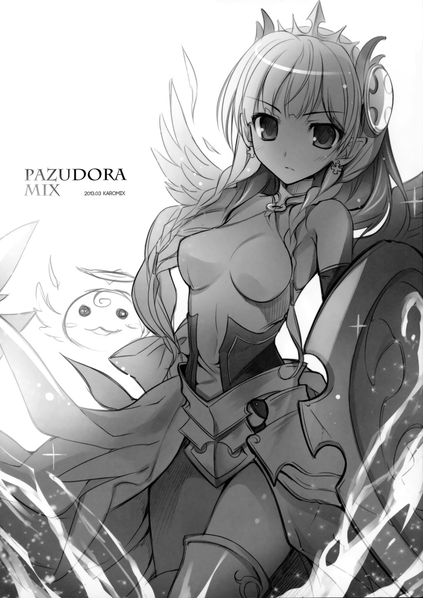 armor karomix karory monochrome pointy_ears puzzle_&amp;_dragons tagme thighhighs wings