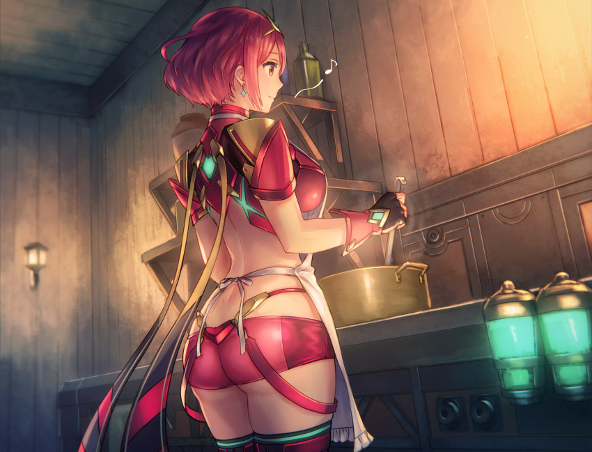 1girl anbe_yoshirou apron ass bangs breasts commentary_request cooking earrings fingerless_gloves from_behind gloves headpiece highres homura_(xenoblade_2) humming indoors jewelry kitchen large_breasts nintendo pot red_eyes red_hair red_shorts short_hair shorts shoulder_armor smile swept_bangs thighhighs thighs tiara wooden_wall xenoblade_(series) xenoblade_2