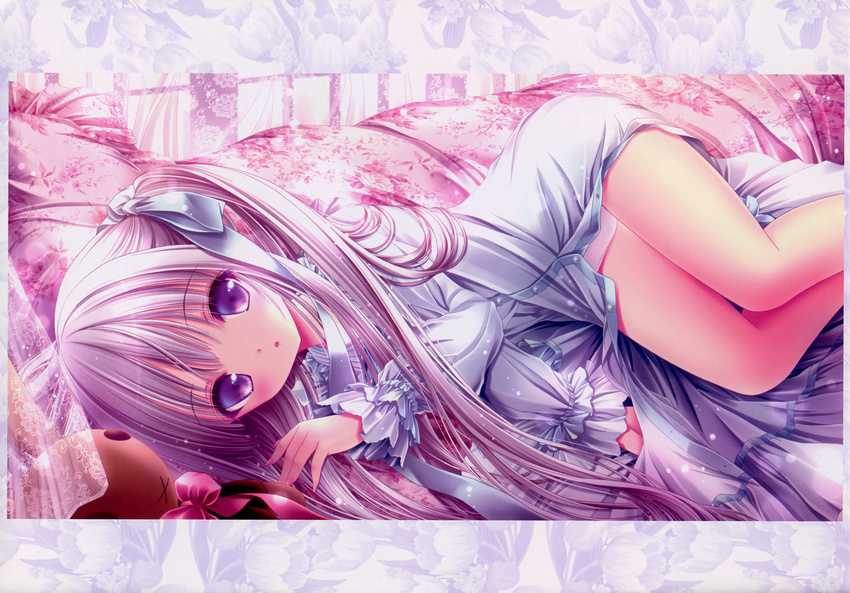 absurdres couch dress eyebrows_visible_through_hair gotou_jun grey_ribbon hair_ribbon highres huge_filesize long_hair looking_at_viewer lying on_side panties parted_lips purple_eyes ribbon silver_hair solo tenshi_no_3p! tinker_bell twintails underwear very_long_hair white_dress white_panties