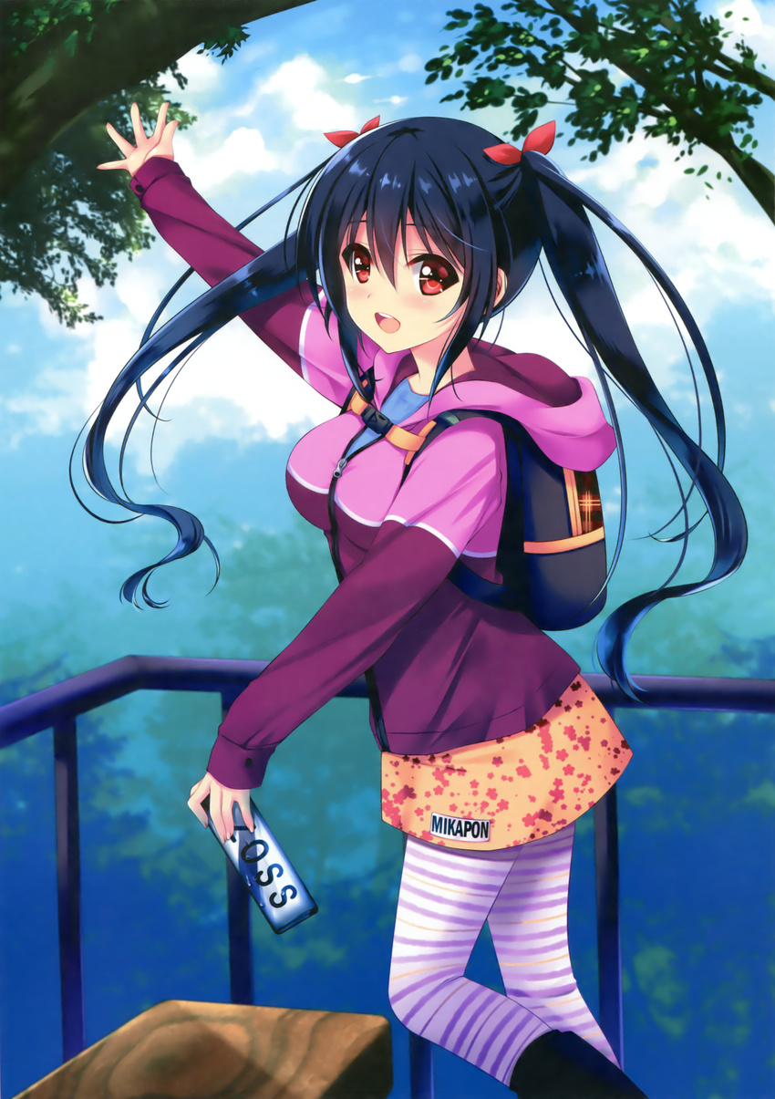 :d absurdres arm_up black_hair bow day floating_hair from_side hair_between_eyes hair_bow hair_ribbon highres holding hood hood_down hooded_jacket jacket long_hair open_mouth original outdoors pantyhose red_eyes red_ribbon ribbon skirt smile solo striped striped_legwear tree twintails very_long_hair zinno zipper