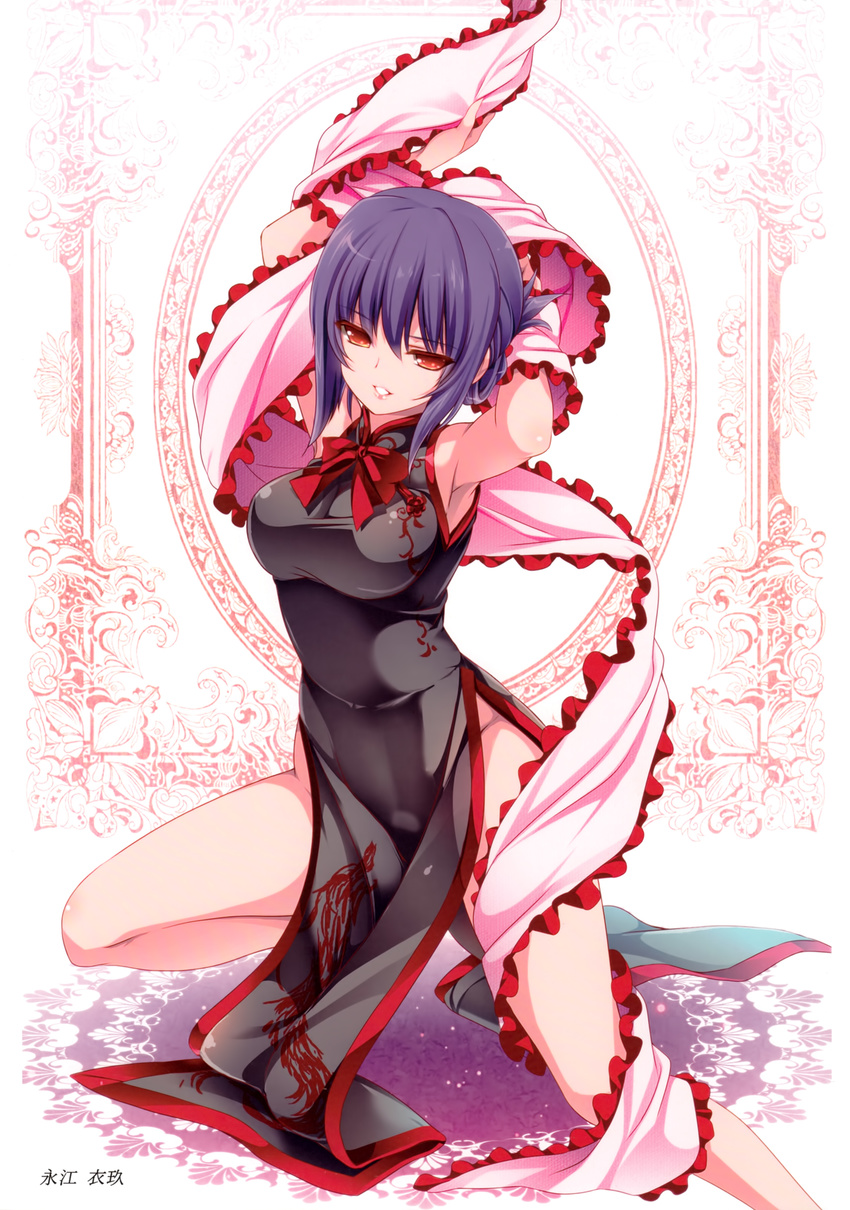 absurdres alternate_costume armpits arms_up bangs bare_shoulders black_dress bow bowtie breasts china_dress chinese_clothes dress eyebrows_visible_through_hair feet_out_of_frame frilled_shawl frills hair_between_eyes head_tilt highres large_breasts lips looking_at_viewer moneti_(daifuku) nagae_iku no_hat no_headwear no_panties parted_lips pelvic_curtain pink_lips purple_hair red_bow red_eyes red_neckwear ribbon scan shawl short_hair side_slit sidelocks smile solo thighs touhou translated white_background