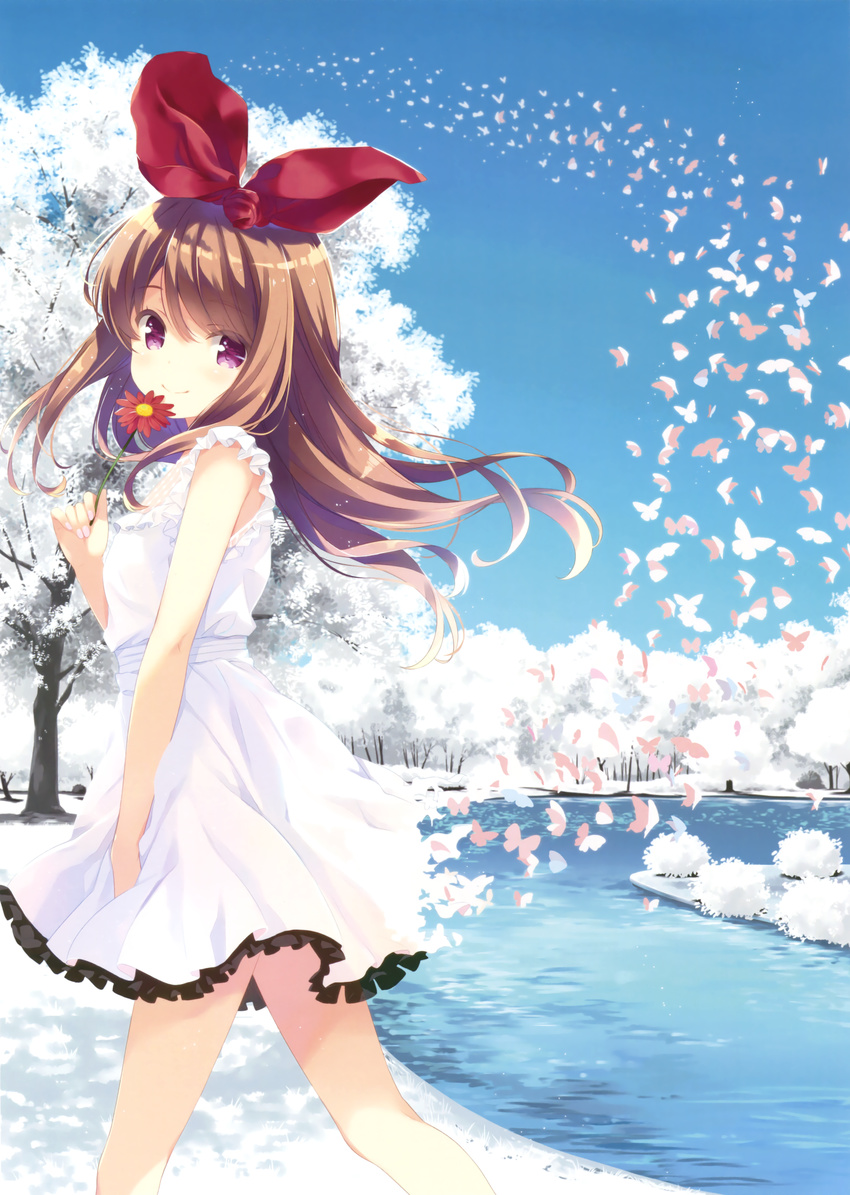 absurdres blush brown_hair bug butterfly closed_mouth dress flower frilled_dress frills from_side hair_ribbon head_tilt highres holding holding_flower insect ohara_tometa original outdoors purple_eyes red_ribbon ribbon scan sleeveless sleeveless_dress smile solo tree water white_dress