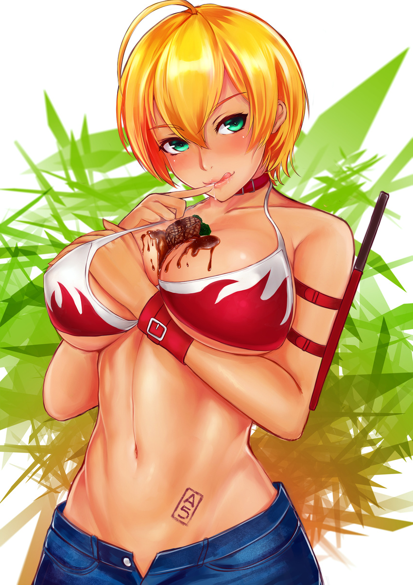 bikini_top breast_hold cleavage cream erect_nipples mito_ikumi shokugeki_no_soma tattoo underboob weapon ytoy