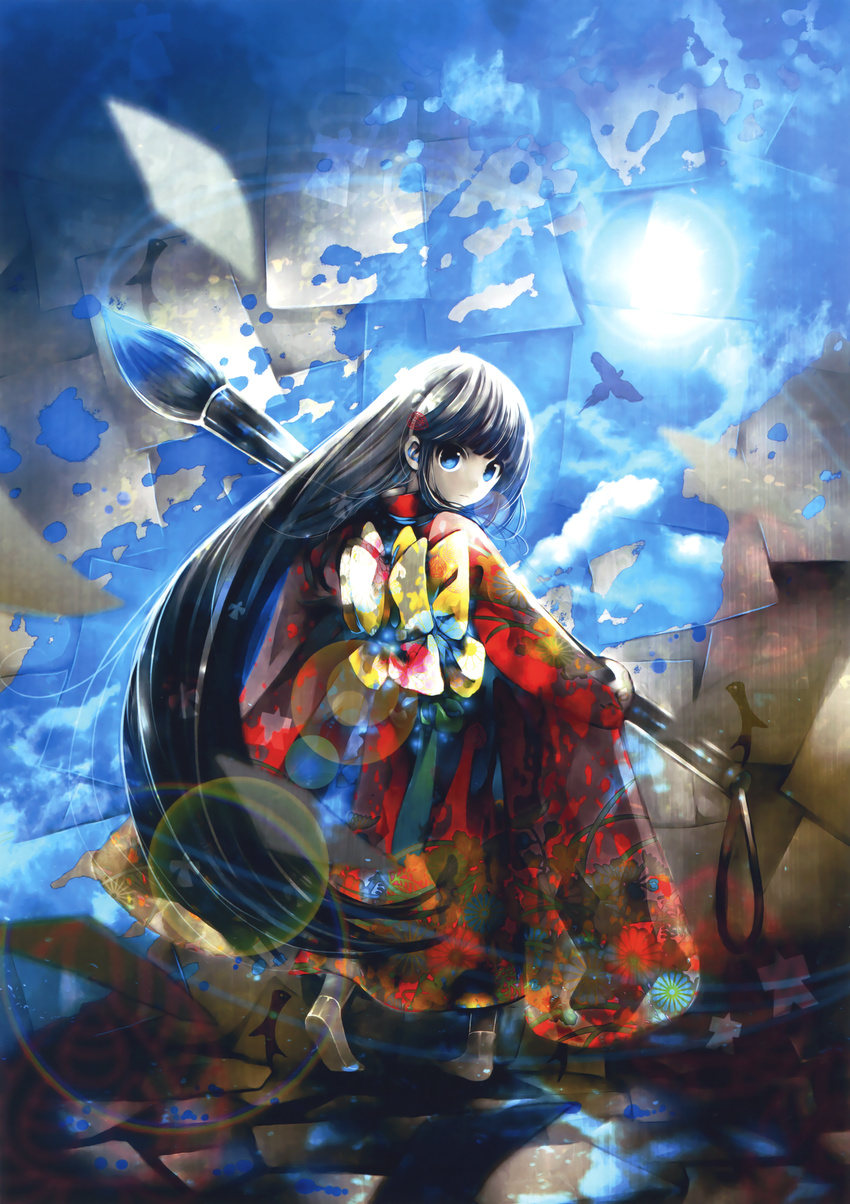 absurdres black_hair blue_eyes closed_mouth cloud expressionless floral_print from_behind furisode highres holding holding_paintbrush japanese_clothes kei_(keigarou) kimono lens_flare long_hair looking_at_viewer obi original oversized_object paint paintbrush paper sash scan sky solo standing very_long_hair