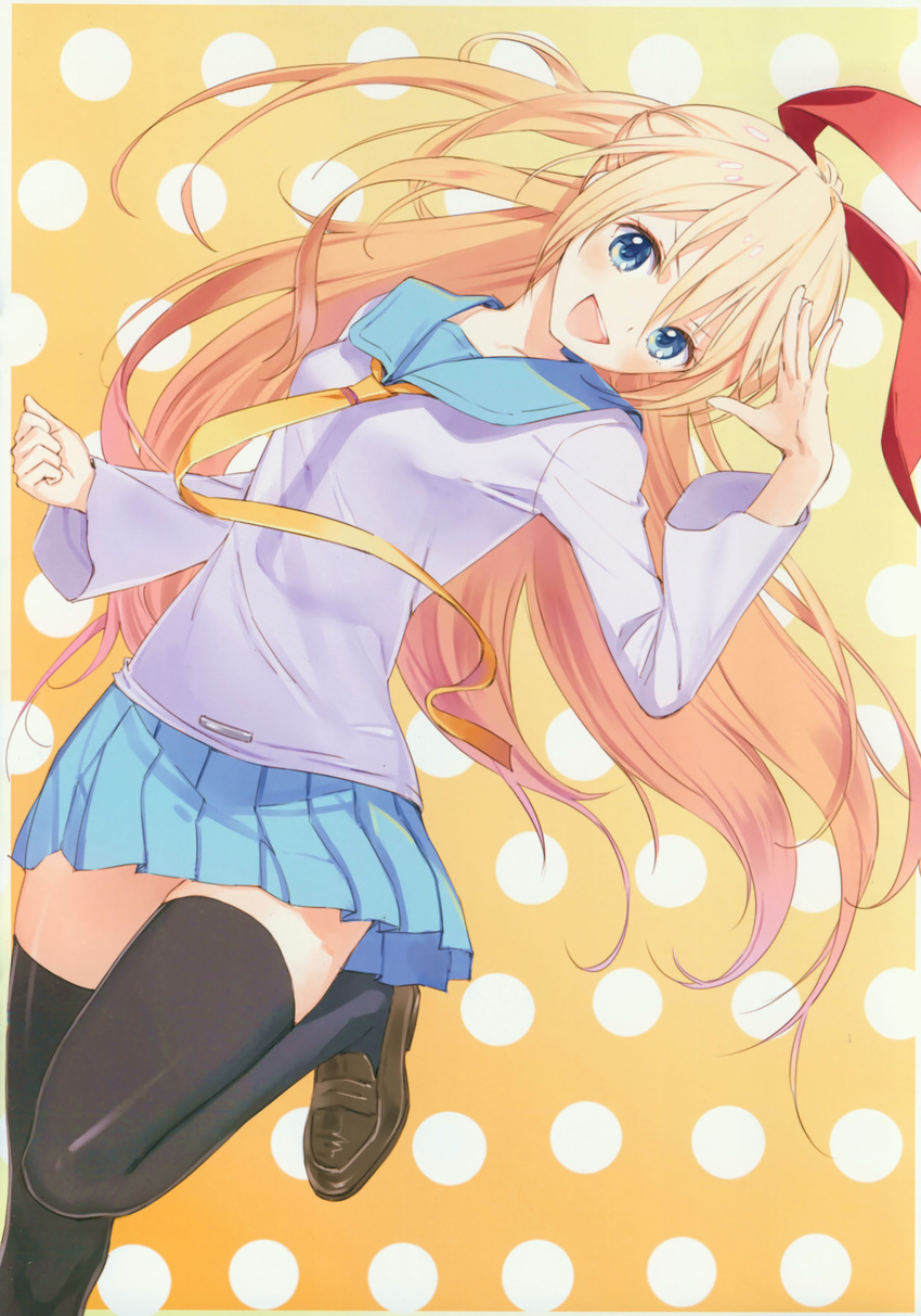 absurdres black_legwear blonde_hair blue_eyes blue_skirt breasts hair_between_eyes hair_ribbon highres kirisaki_chitoge kishida_mel leg_up long_hair long_legs looking_at_viewer necktie nisekoi open_mouth pleated_skirt polka_dot polka_dot_background red_ribbon ribbon shirt skirt small_breasts solo thighhighs white_shirt yellow_neckwear zettai_ryouiki