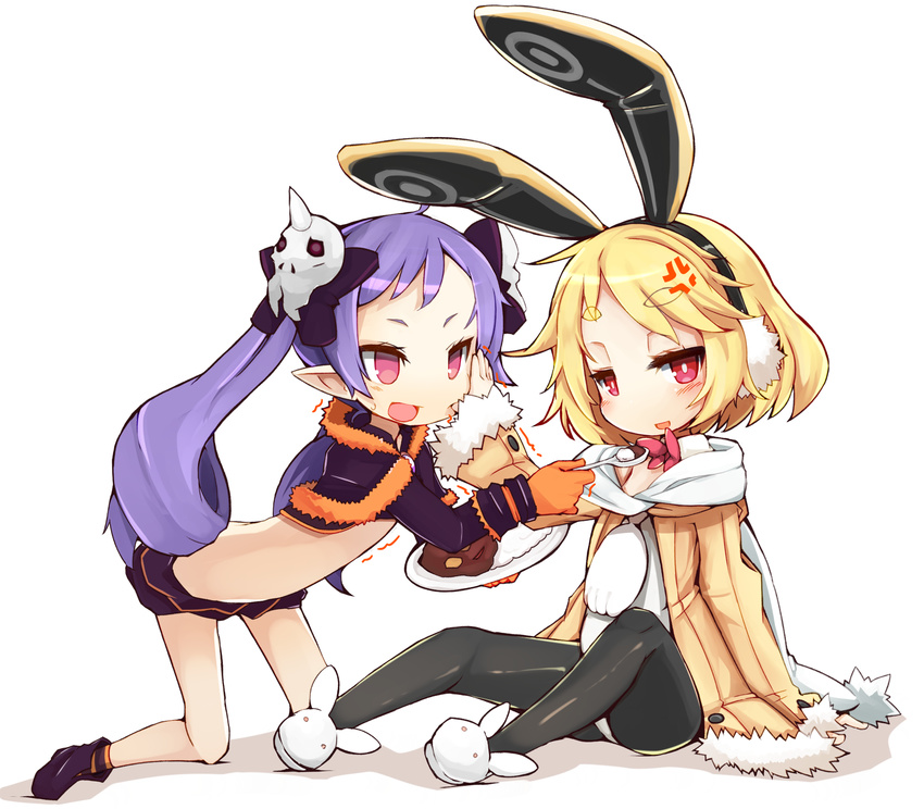 :d anger_vein animal_ears animal_slippers bare_legs black_legwear blonde_hair bow bowtie bright_pupils bunny_earmuffs bunny_ears bunny_slippers crop_top curly_hair curry disgaea eyebrows_visible_through_hair feeding food fur-trimmed_jacket fur-trimmed_sleeves fur_trim gloves hair_bow hairband hand_on_another's_cheek hand_on_another's_face highres jacket kneeling leotard long_hair looking_at_viewer majorita_(disgaea) makai_senki_disgaea_5 midriff miniskirt multiple_girls no_nose open_mouth orange_gloves pantyhose pink_eyes pointy_ears pom_pom_(clothes) purple_footwear purple_hair purple_skirt red_eyes scarf shoes short_hair sitting skirt skull smile teranekosu thick_eyebrows twintails usalia_(disgaea) white_background white_footwear white_scarf yellow_jacket