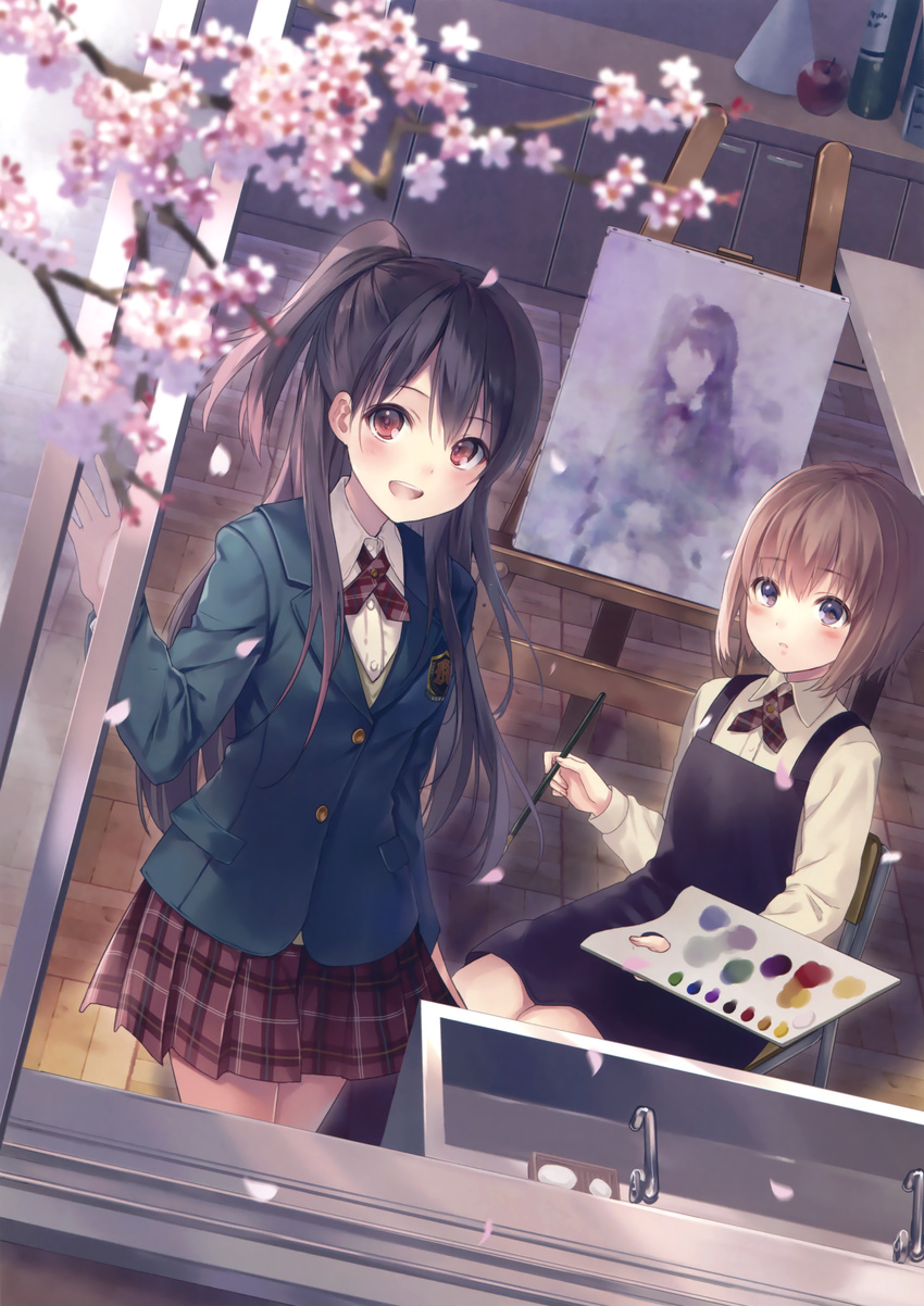 :d absurdres apple apron art_room blazer blurry blush brown_hair canvas_(object) chair cherry_blossoms collared_shirt depth_of_field dress dutch_angle easel faucet food fruit fukahire_(ruinon) highres holding holding_paintbrush jacket long_hair long_sleeves multiple_girls one_side_up open_mouth open_window original paintbrush palette parted_lips petals plaid plaid_skirt pleated_skirt purple_eyes red_eyes red_skirt scan school_uniform shirt sink sitting skirt smile standing window wing_collar wooden_floor
