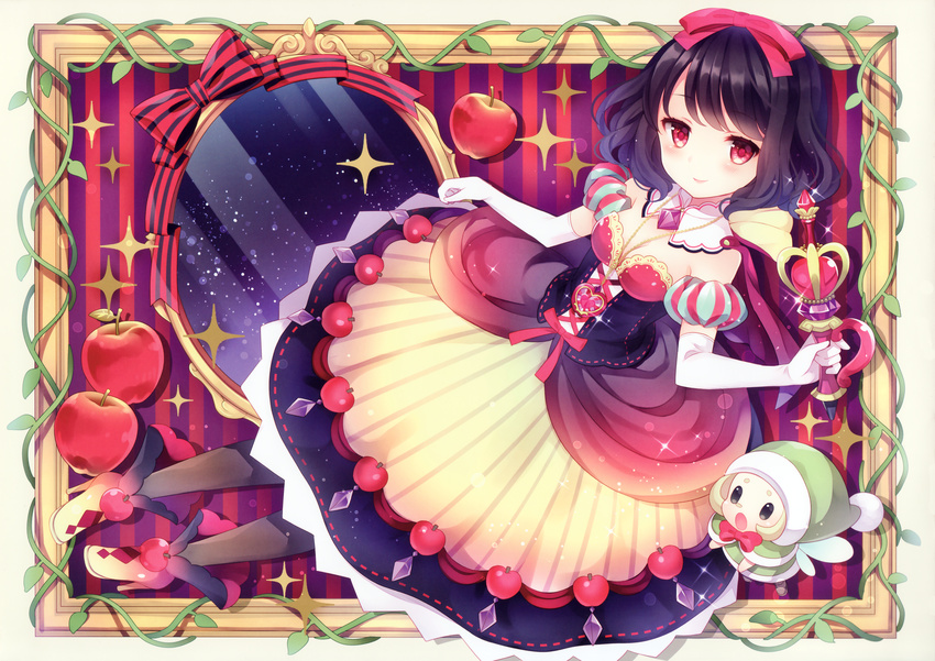 :o absurdres apple between_breasts black_hair black_legwear blonde_hair blush boots bow breasts cleavage closed_mouth detached_collar detached_sleeves dress elbow_gloves fairy fairy_wings food food_themed_clothes fruit full_body gloves grimm's_fairy_tales hair_ribbon hat heart heart_necklace high_heels highres holding holding_wand huge_filesize medium_breasts mirror multiple_girls original pantyhose picture_frame plant red_bow red_eyes red_ribbon ribbon smile snow_white snow_white_(grimm) solid_oval_eyes sparkle striped striped_ribbon vertical_stripes vines wand wasabi_(sekai) white_background white_gloves wings