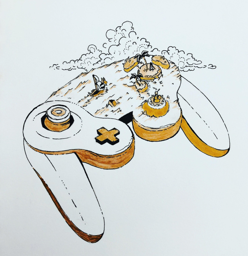 cloud controller game_controller gamecube_controller highres island limited_palette nintendo no_humans ocean palm_tree sepia ship simple_background the_legend_of_zelda the_legend_of_zelda:_the_wind_waker traditional_media tree water watercraft white_background willowstration