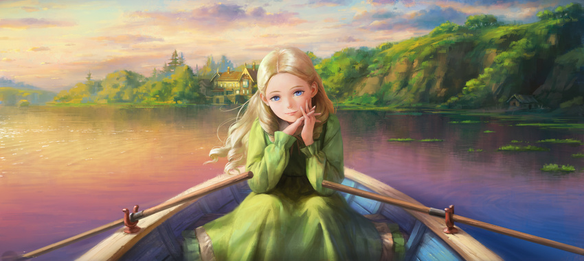 arata_yokoyama blonde_hair blue_eyes boat cloud cloudy_sky commentary_request highres lake light_smile long_hair looking_at_viewer marnie omoide_no_marnie original realistic scenery sky solo sunset watercraft