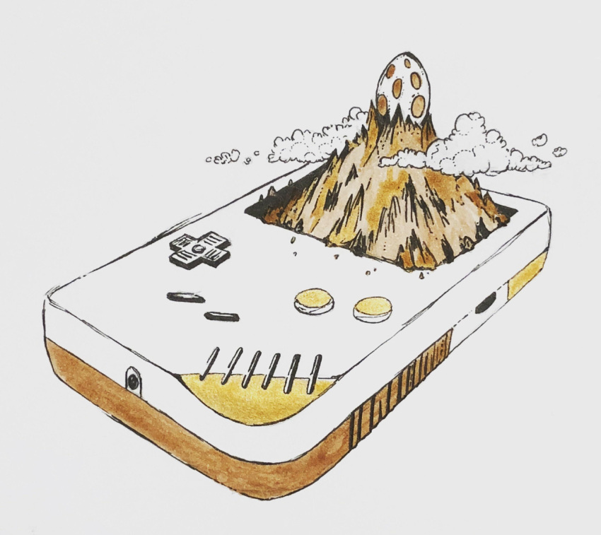 cloud egg game_boy handheld_game_console limited_palette mountain nintendo no_humans simple_background the_legend_of_zelda the_legend_of_zelda:_link's_awakening traditional_media white_background willowstration