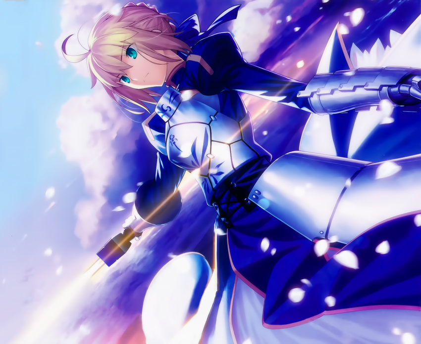 absurdres ahoge armor armored_dress artoria_pendragon_(all) blonde_hair blue_dress blue_eyes dress dutch_angle excalibur fate/stay_night fate_(series) gauntlets highres holding holding_sword holding_weapon official_art saber short_hair solo sword takeuchi_takashi weapon