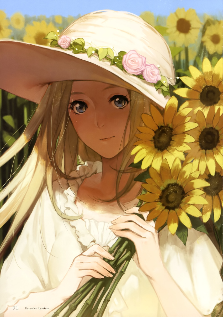 absurdres artist_name blonde_hair blue_eyes blurry depth_of_field ekao eyelashes flower hat hat_flower highres holding holding_flower kawasumi_sisala light_smile long_hair looking_at_viewer number page_number short_sleeves solo sun_hat sunflower tokyo_7th_sisters upper_body watermark