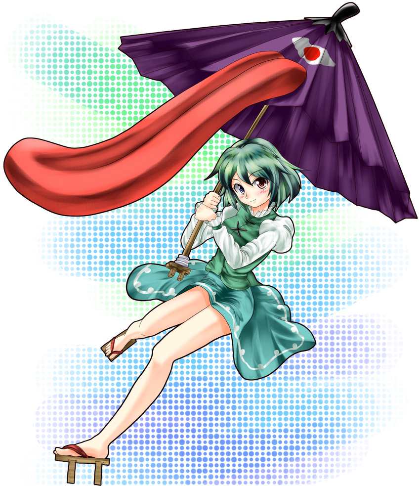 aaru_(r-kun) absurdres bad_id bad_pixiv_id blue_eyes blue_hair colorized geta heterochromia highres karakasa_obake purple_umbrella r0g0b0 red_eyes sandals short_hair solo tatara_kogasa tongue touhou umbrella