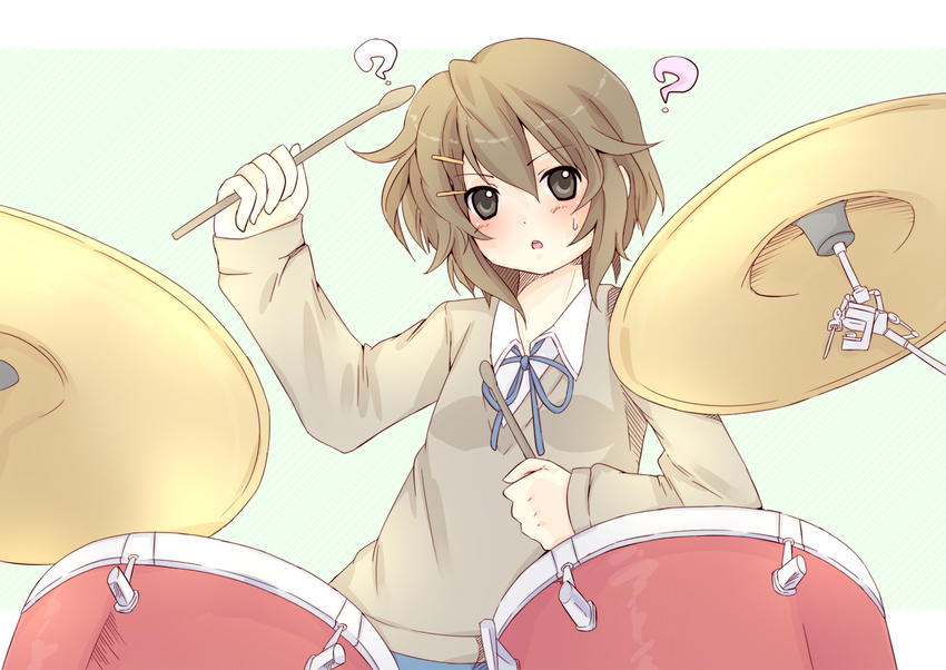 bad_id bad_pixiv_id brown_eyes brown_hair cymbals drum drumsticks hirasawa_yui instrument k-on! kikuchi_reo school_uniform solo sweater