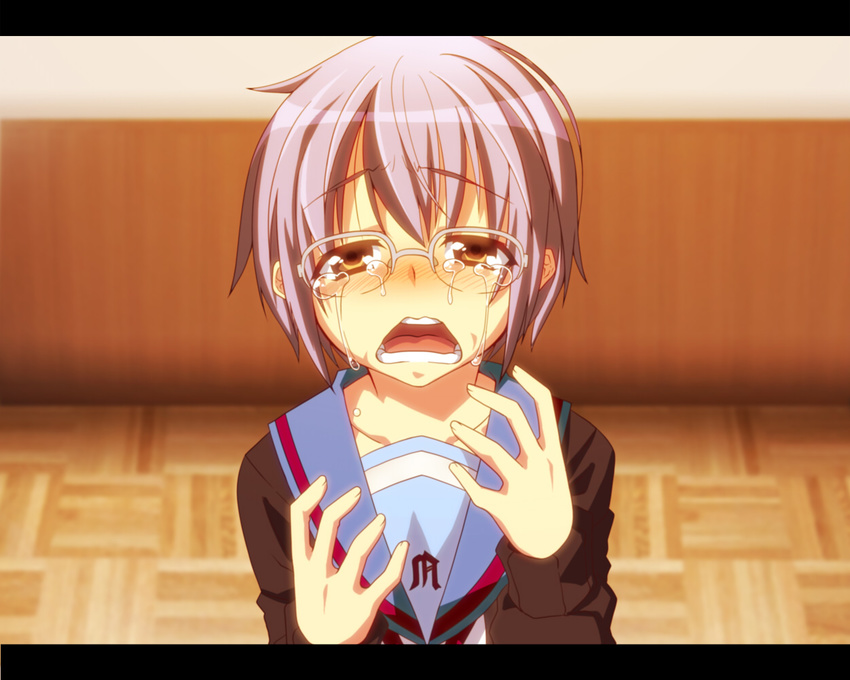 blush brown_eyes cardigan crying crying_with_eyes_open gaien glasses kita_high_school_uniform letterboxed nagato_yuki open_mouth school_uniform serafuku short_hair silver_hair sobbing solo suzumiya_haruhi_no_shoushitsu suzumiya_haruhi_no_yuuutsu tears