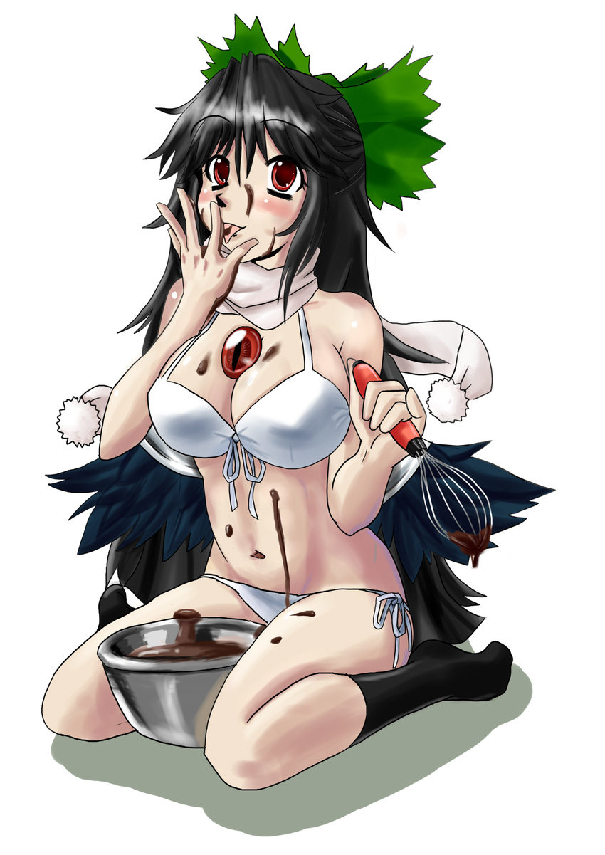 bikini black_hair black_legwear bow chocolate chocolate_making cooking eyes finger_licking food green_bow hair_bow highres kneehighs kneeling kyuu_kai licking long_hair messy red_eyes reiuji_utsuho socks solo swimsuit touhou wings