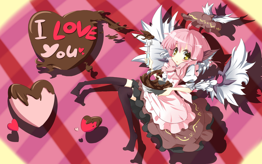 animal_ears apron bad_id bad_pixiv_id black_legwear blush chocolate cooking hat hat_removed headwear_removed heart highres mystia_lorelei pink_hair short_hair solo thighhighs touhou urimono valentine wings yellow_eyes