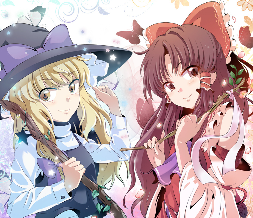 bad_id bad_pixiv_id blonde_hair blush bow branch brown_eyes brown_hair bug butterfly detached_sleeves flower hair_bow hakurei_reimu hat insect kirisame_marisa long_hair multiple_girls smile staff star touhou turtleneck witch_hat yellow_eyes yuuyuu_(yuko)