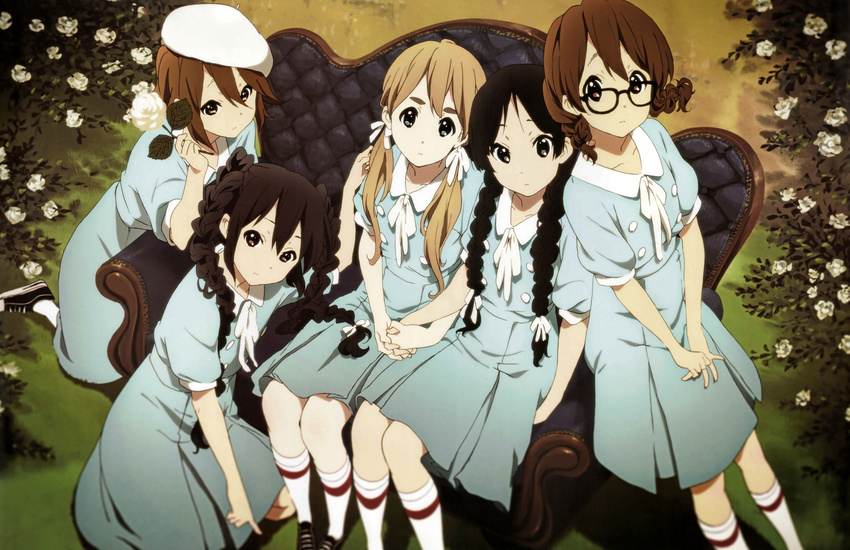 absurdres akiyama_mio alternate_costume alternate_hairstyle black_eyes black_hair blonde_hair blue_eyes brown_eyes brown_hair glasses highres hirasawa_yui k-on! kotobuki_tsumugi long_hair looking_at_viewer multiple_girls nakano_azusa scan short_hair singing! tainaka_ritsu yamada_naoko