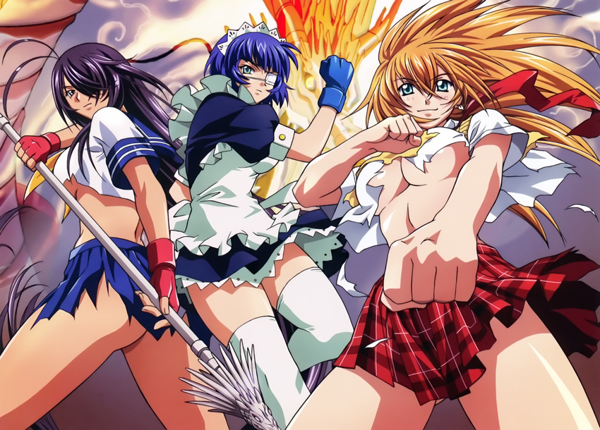 ass eyepatch ikkitousen kanu_unchou maid no_bra nopan rin_sin ryomou_shimei seifuku sonsaku_hakufu thighhighs torn_clothes underboob weapon