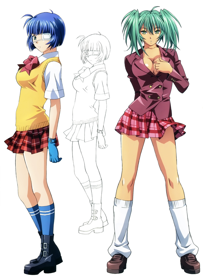 cleavage eyepatch ikkitousen line_art no_bra open_shirt rin_sin ryofu_housen ryomou_shimei seifuku