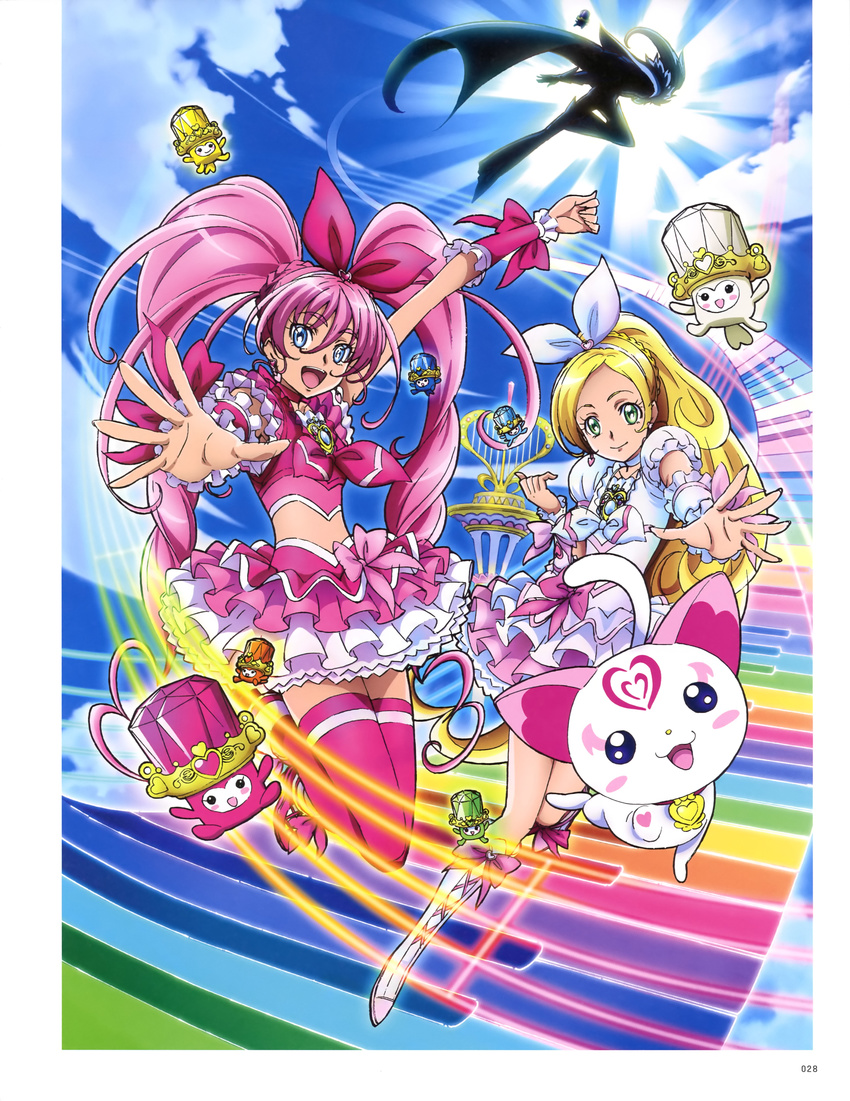 absurdres arm_up blonde_hair blue_eyes boots bow cat choker cure_melody cure_muse_(black) cure_rhythm detached_sleeves dress earrings eyebrows_visible_through_hair green_eyes hair_bow hair_ribbon hairband heart heart_earrings high_ponytail highres hummy_(suite_precure) jewelry knee_boots layered_dress layered_skirt long_hair looking_at_viewer midriff open_mouth pink_hair precure red_legwear red_ribbon ribbon ribbon_choker short_sleeves sleeveless smile suite_precure takahashi_akira thighhighs twintails very_long_hair white_dress white_footwear white_hairband white_ribbon zettai_ryouiki