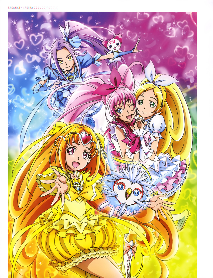 ;d absurdly_long_hair absurdres blonde_hair blue_dress blue_eyes blue_footwear boots bow capelet choker cure_beat cure_melody cure_muse_(yellow) cure_rhythm dress green_eyes hair_bow hair_ribbon hairband high_ponytail highres hummy_(suite_precure) interlocked_fingers knee_boots layered_dress long_hair looking_at_viewer midriff multiple_girls one_eye_closed open_mouth outstretched_arm precure purple_hair red_eyes red_ribbon ribbon ribbon_choker short_sleeves side_ponytail sleeveless smile suite_precure takahashi_akira thigh_boots thighhighs very_long_hair white_hairband white_ribbon yellow_bow yellow_dress yellow_eyes yellow_footwear yellow_ribbon