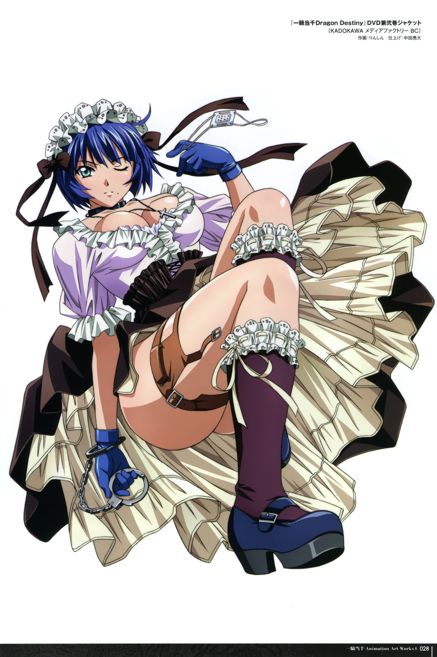 absurdres black_ribbon blue_gloves blue_hair breasts cleavage collar copyright_name cross cross_necklace cuffs dress eyepatch eyepatch_removed full_body gloves green_eyes handcuffs headdress highres holding ikkitousen jewelry large_breasts looking_at_viewer medical_eyepatch mole mole_under_mouth necklace one_eye_closed ribbon rin-sin ryomou_shimei short_hair solo